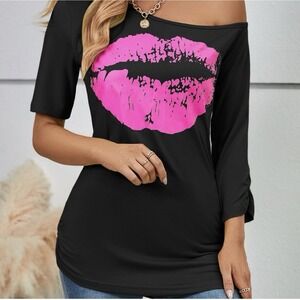 Black Pucker Lips Kiss Black Pink Off Shoulder Micro Mini Dress Shirt Sz Large